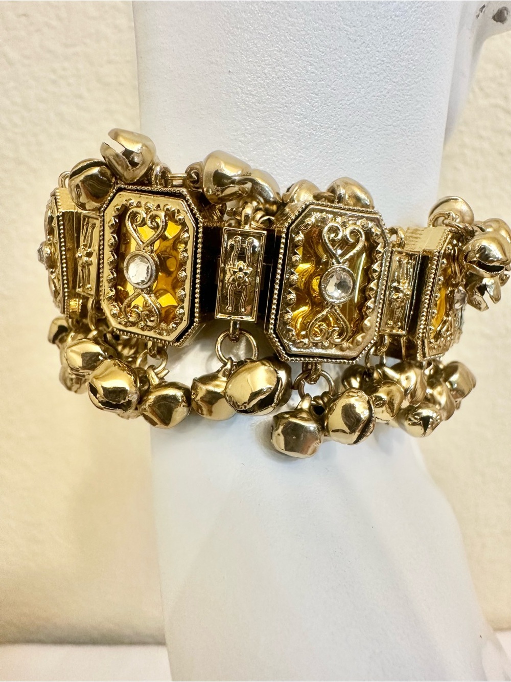 6-7.5” VTG India Gold & Citrine Charm Bell Bracelet (Gold Plating over Brass)